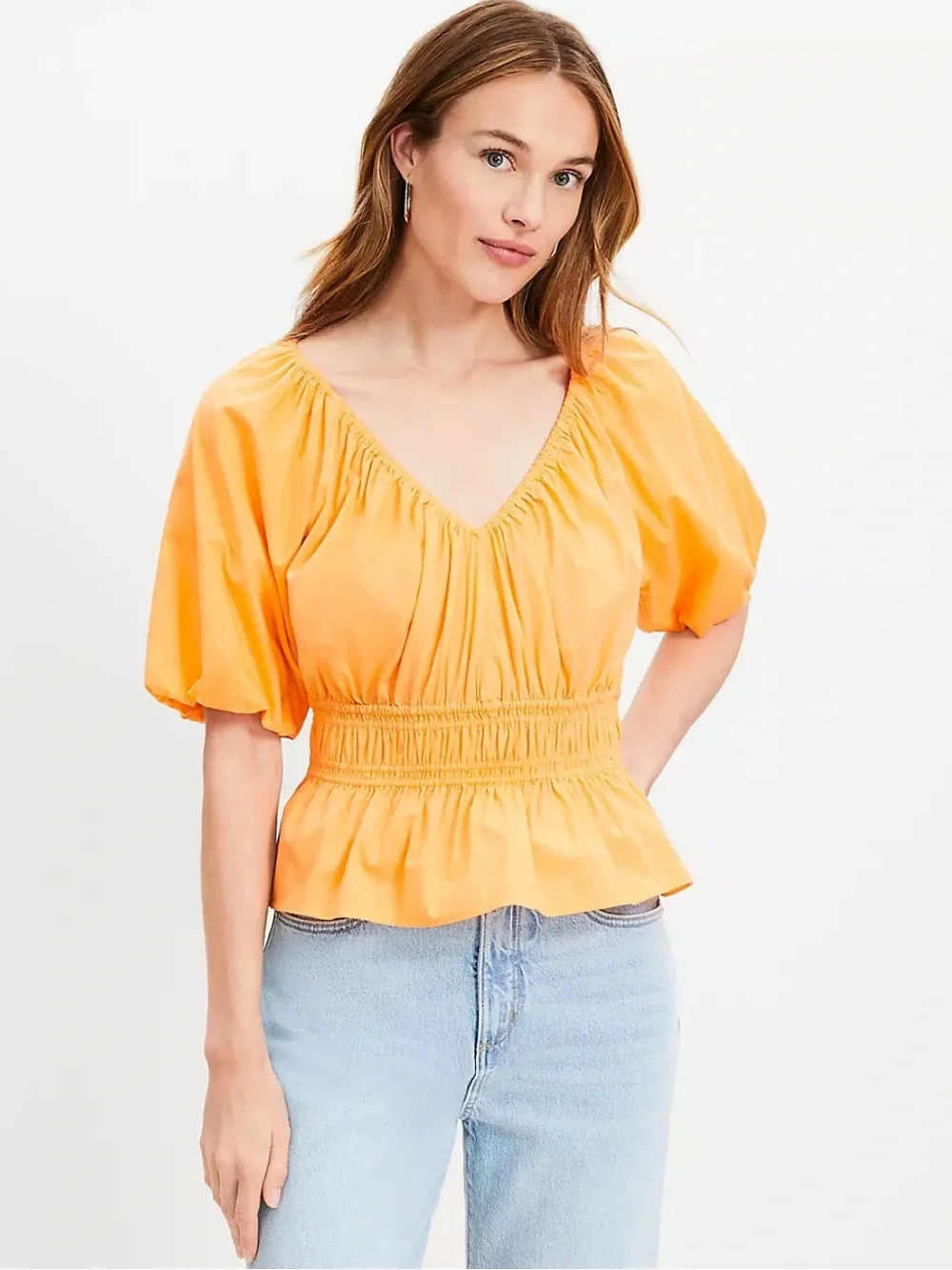 Orange Gathered Waist V-Neck Blouse